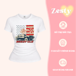 Mẫu mặc chụp thực tế Áo Croptop Nữ Zesty Racing Club Cotton Dáng Ôm