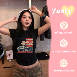 Mẫu mặc chụp thực tế Áo Croptop Nữ Zesty Racing Club Cotton Dáng Ôm