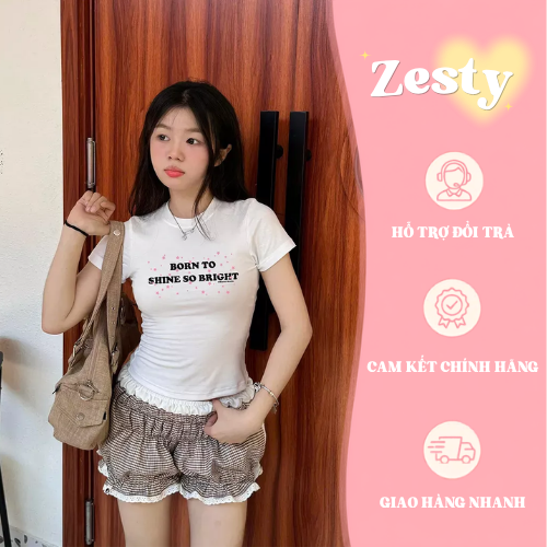 Áo Croptop Nữ Zesty Born To Shine Cotton Dáng Ôm Mẫu mặc chụp thực tế Áo Croptop Zesty Born To Shine