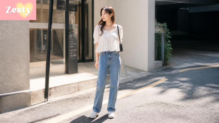 Áo babydoll mặc với quần jean ống đứng