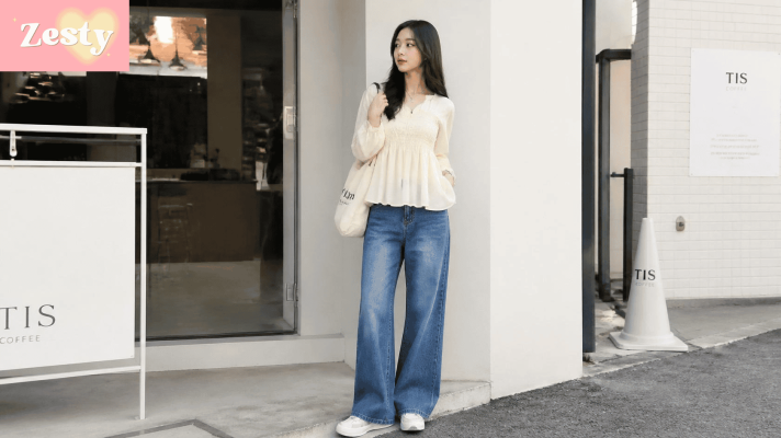 Áo babydoll mặc với quần jean ống rộng