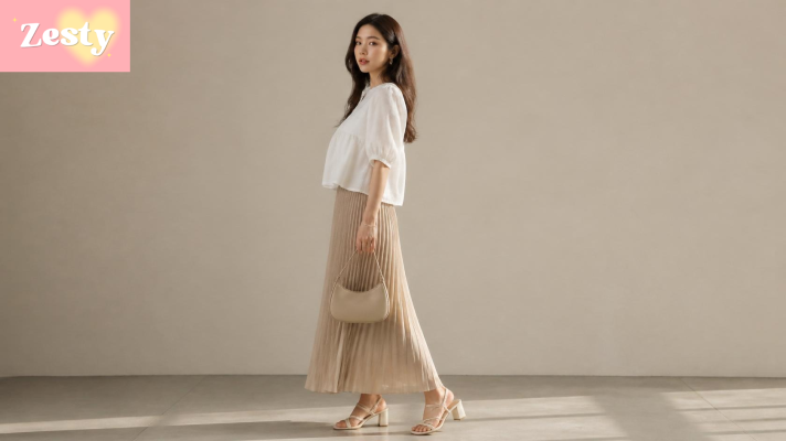 Phối áo babydoll với chân váy xếp ly dài